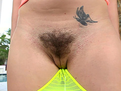 Magnificent Mandy Sky shows off her hair pussy outside