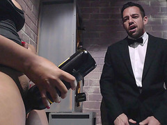 Horny waiter finds ebony Jenna J Foxx playing with a bottle