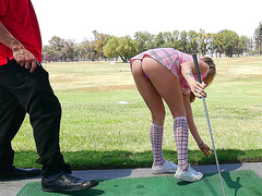 Golf playing teen Karla Kush teases her instructor in short skirt